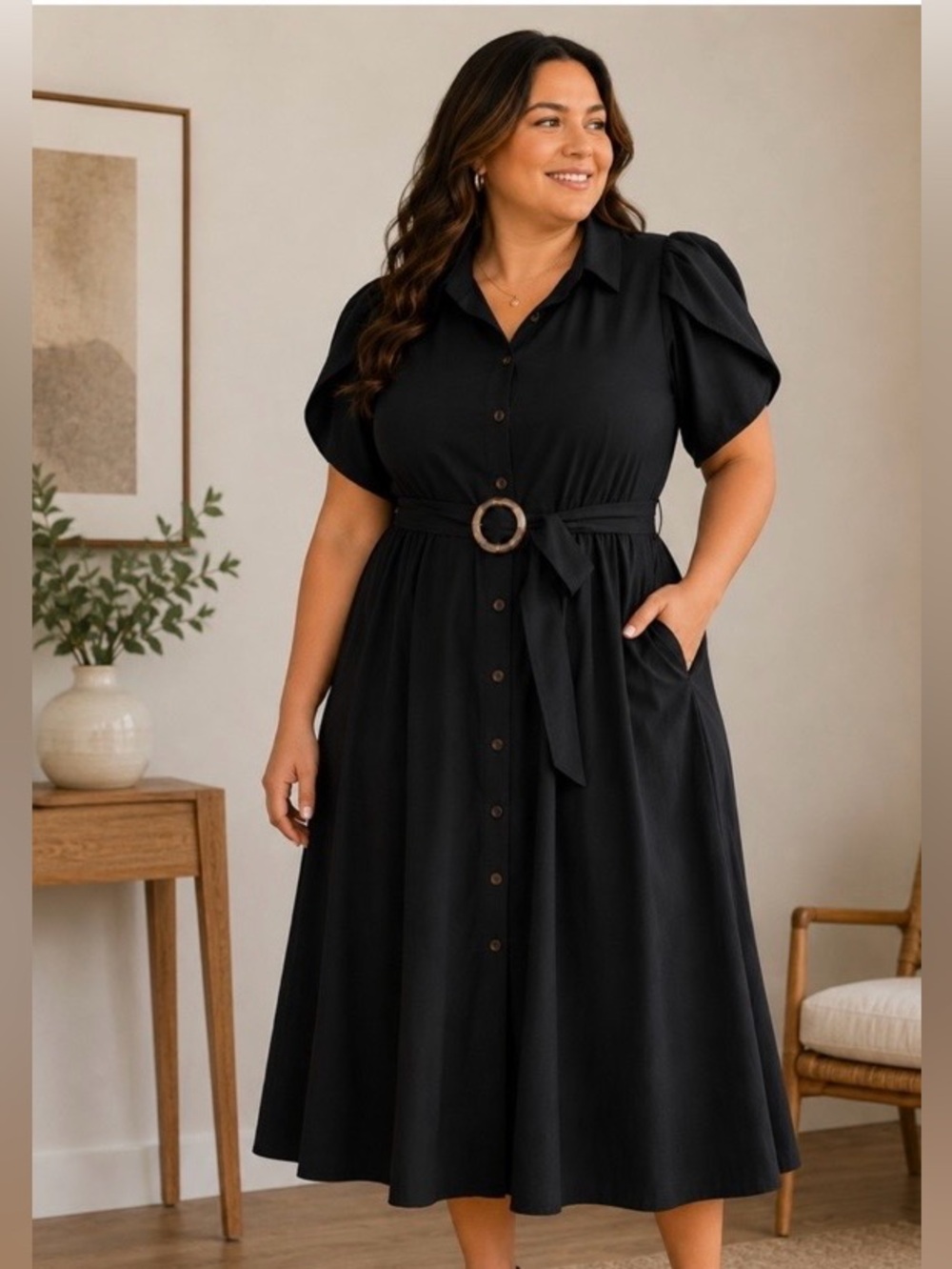 Calvin Klein Plus Black Tulip Sleeve Belted Midi Shirtdress